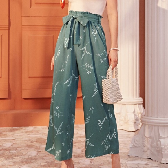Boho Floral Print Front Tie Mint Wide leg Pants - Picture 2 of 7